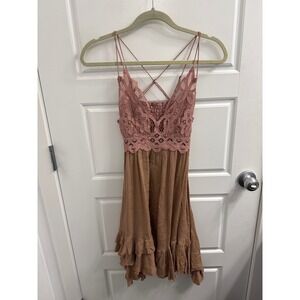 Free People FP One Adella Lace Mini Dress Mauve Boho Ruffle Handkerchief Hem XS